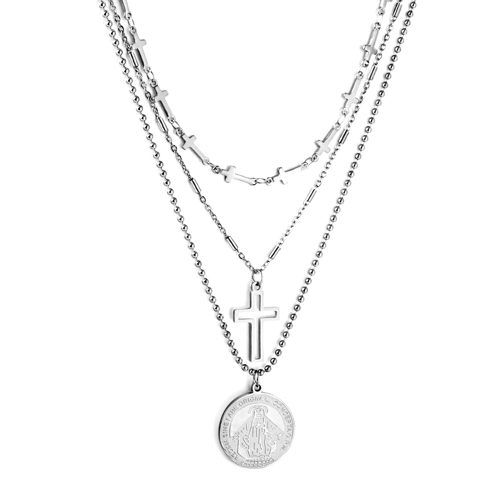 Girls Jewelry Stainless Steel Round Accessories With Pattern + Cross Accessories + Cross With Chain Three Chains Necklace