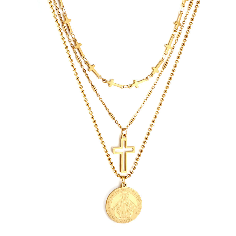 Girls Jewelry Stainless Steel Round Accessories With Pattern + Cross Accessories + Cross With Chain Three Chains Necklace