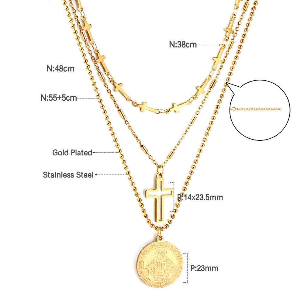 Girls Jewelry Stainless Steel Round Accessories With Pattern + Cross Accessories + Cross With Chain Three Chains Necklace
