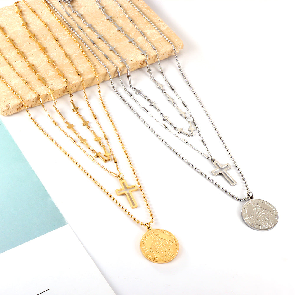 Girls Jewelry Stainless Steel Round Accessories With Pattern + Cross Accessories + Cross With Chain Three Chains Necklace
