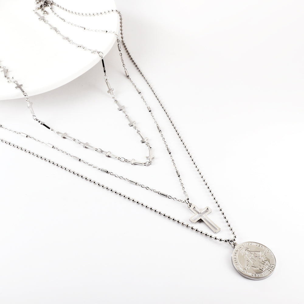 Girls Jewelry Stainless Steel Round Accessories With Pattern + Cross Accessories + Cross With Chain Three Chains Necklace
