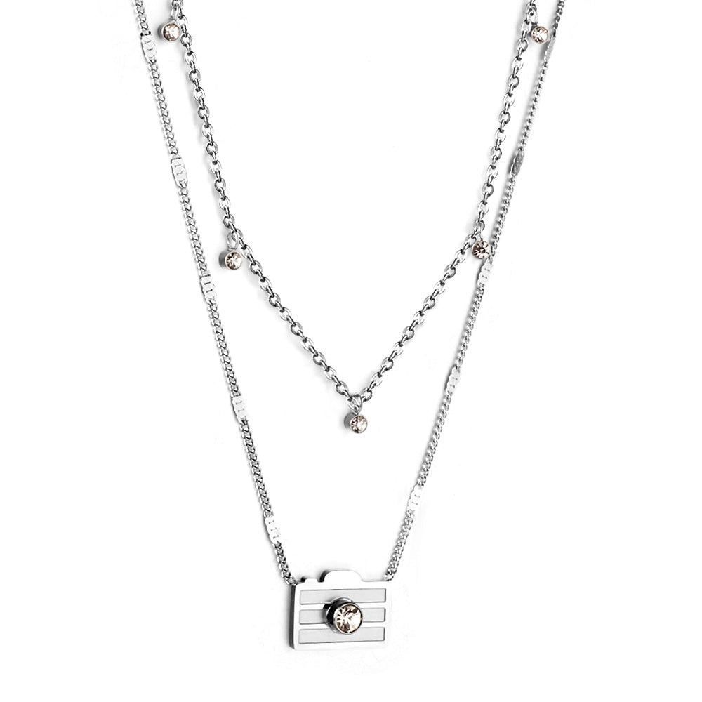 Girls Jewelry Stainless Steel Camera With Diamonds + 5 Round Diamonds Double Chain Necklace