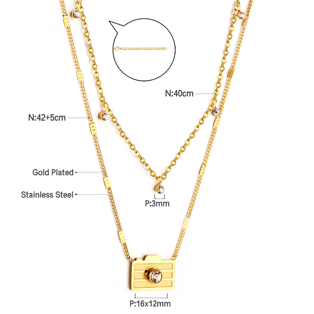 Girls Jewelry Stainless Steel Camera With Diamonds + 5 Round Diamonds Double Chain Necklace