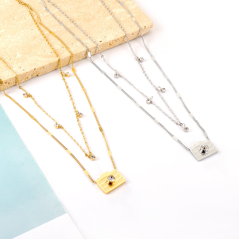 Girls Jewelry Stainless Steel Camera With Diamonds + 5 Round Diamonds Double Chain Necklace