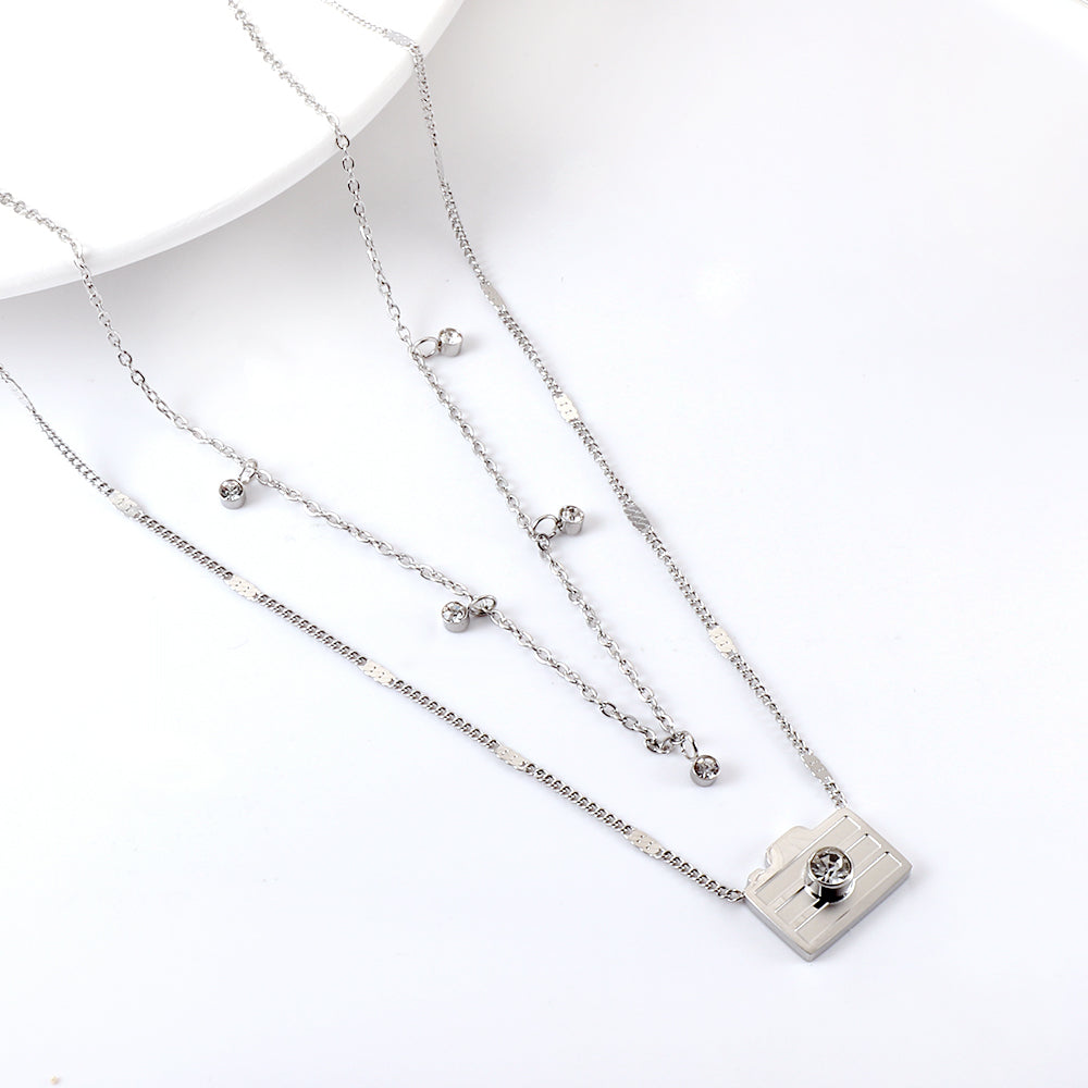 Girls Jewelry Stainless Steel Camera With Diamonds + 5 Round Diamonds Double Chain Necklace