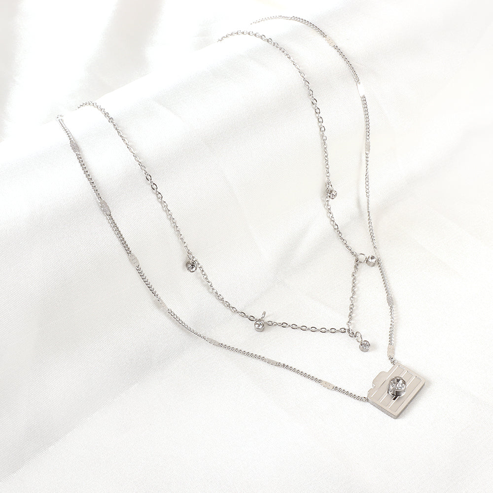 Girls Jewelry Stainless Steel Camera With Diamonds + 5 Round Diamonds Double Chain Necklace