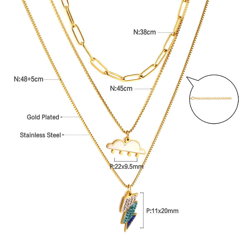 Girls Jewelry Stainless Steel Mixed Color Lightning + Cloud with Rain Accessories + Chain Three Chain Necklace