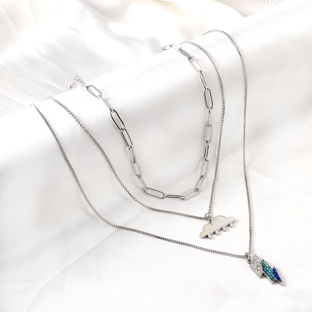 Girls Jewelry Stainless Steel Mixed Color Lightning + Cloud with Rain Accessories + Chain Three Chain Necklace