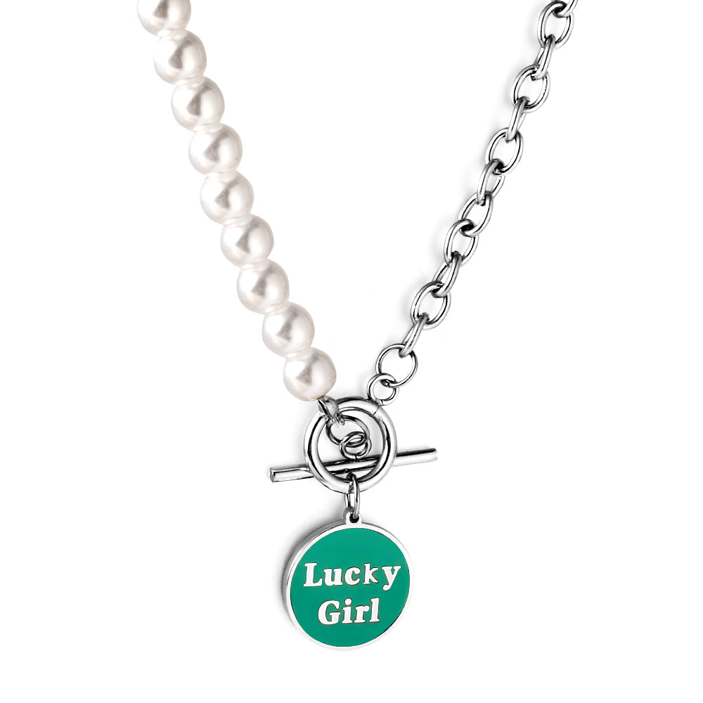 Girls Jewelry Stainless Steel LuckyGirl Round Accessories Green Drip Oil + Half White Pearl Necklace