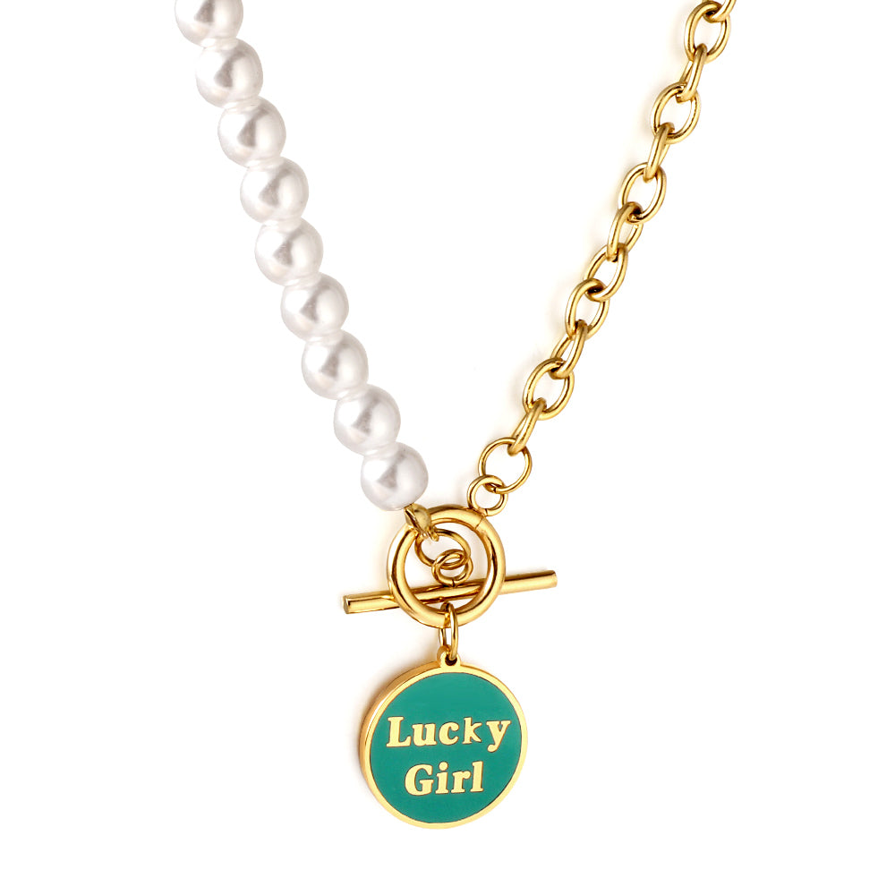 Girls Jewelry Stainless Steel LuckyGirl Round Accessories Green Drip Oil + Half White Pearl Necklace