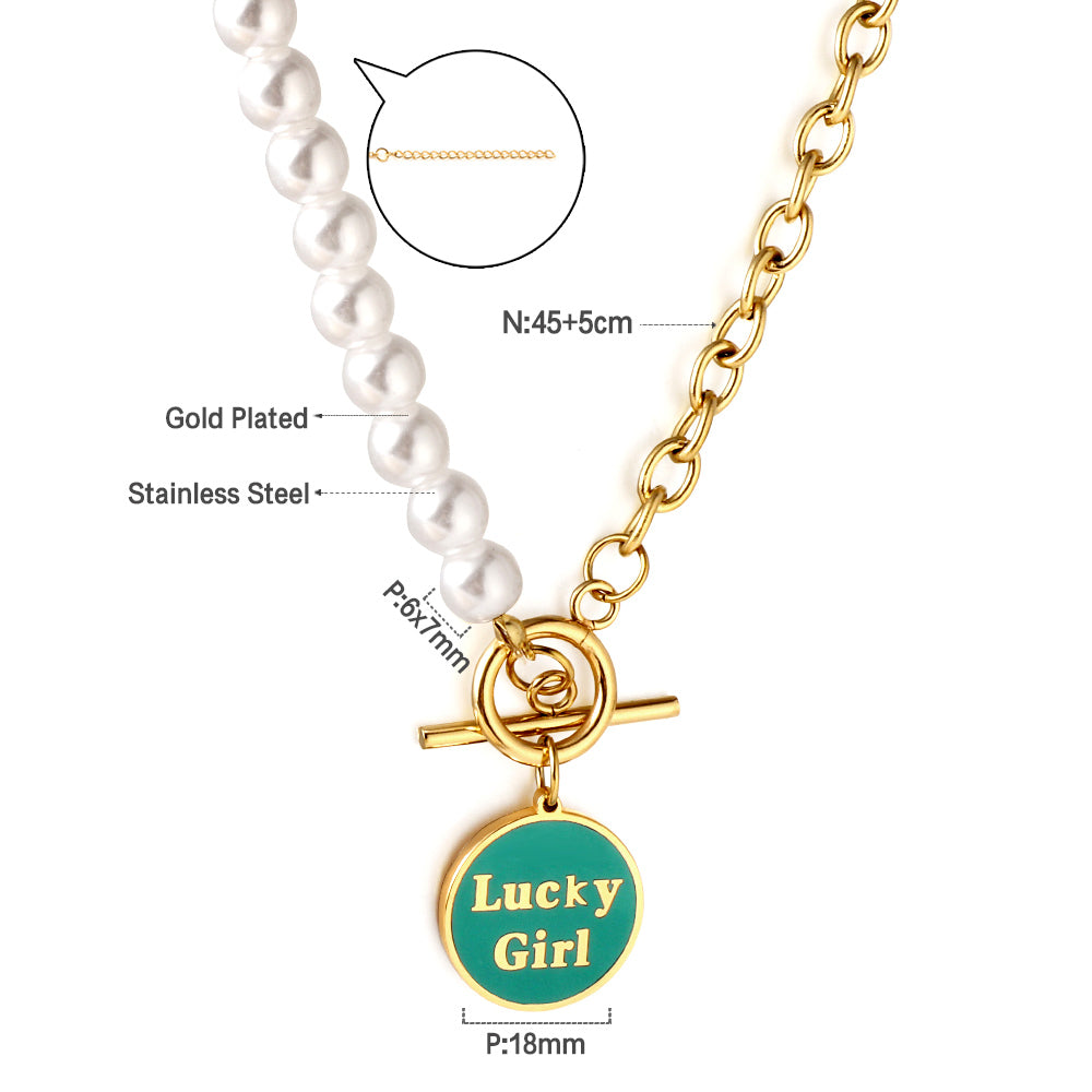 Girls Jewelry Stainless Steel LuckyGirl Round Accessories Green Drip Oil + Half White Pearl Necklace
