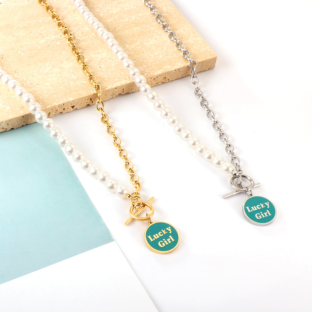 Girls Jewelry Stainless Steel LuckyGirl Round Accessories Green Drip Oil + Half White Pearl Necklace