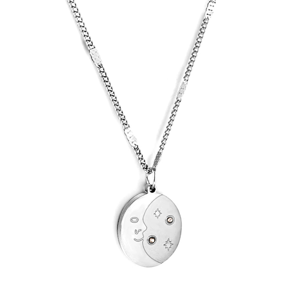 Girls Kids Jewelry Stainless Steel Oval With Moon and Star Pattern+Diamond Accessories Necklace