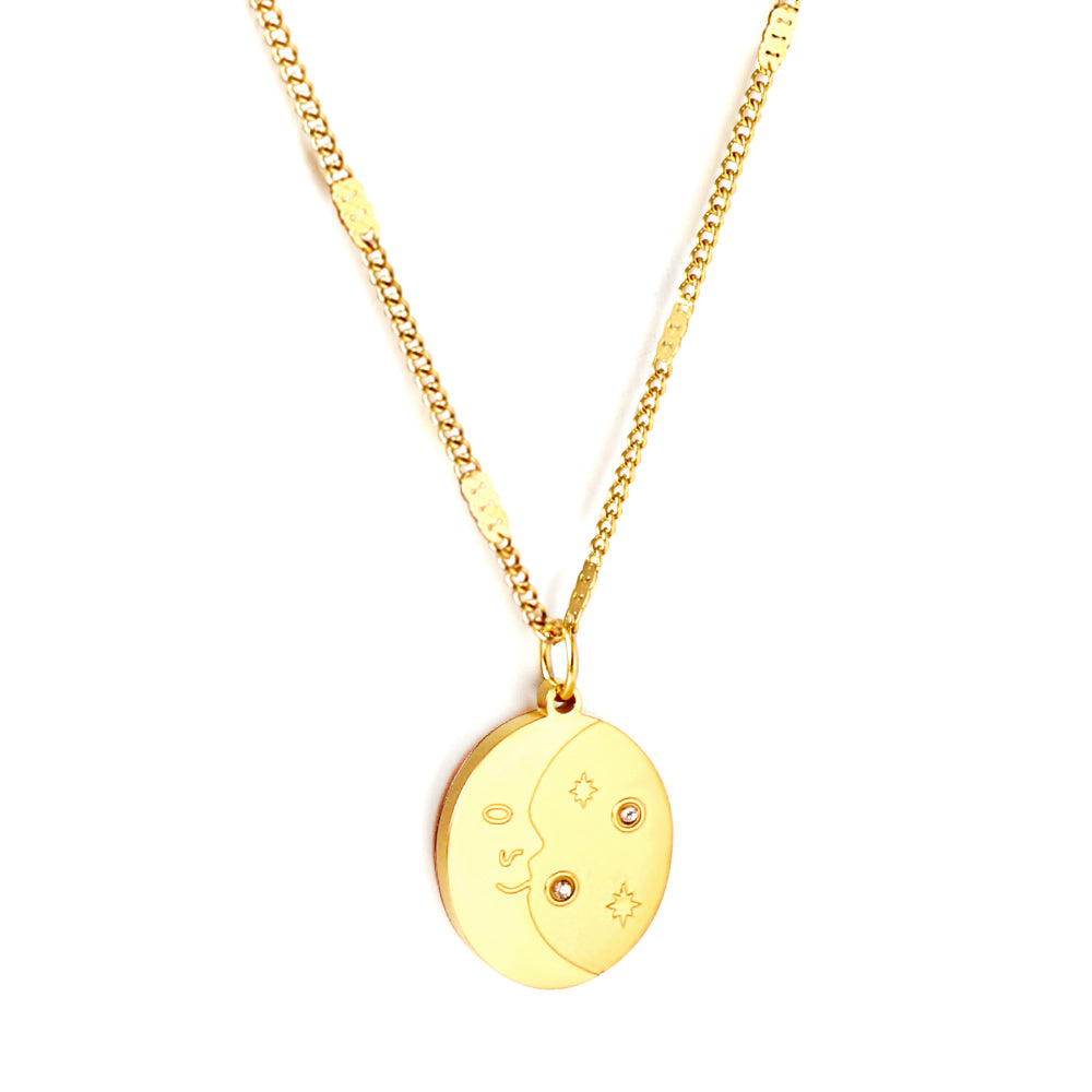Girls Kids Jewelry Stainless Steel Oval With Moon and Star Pattern+Diamond Accessories Necklace