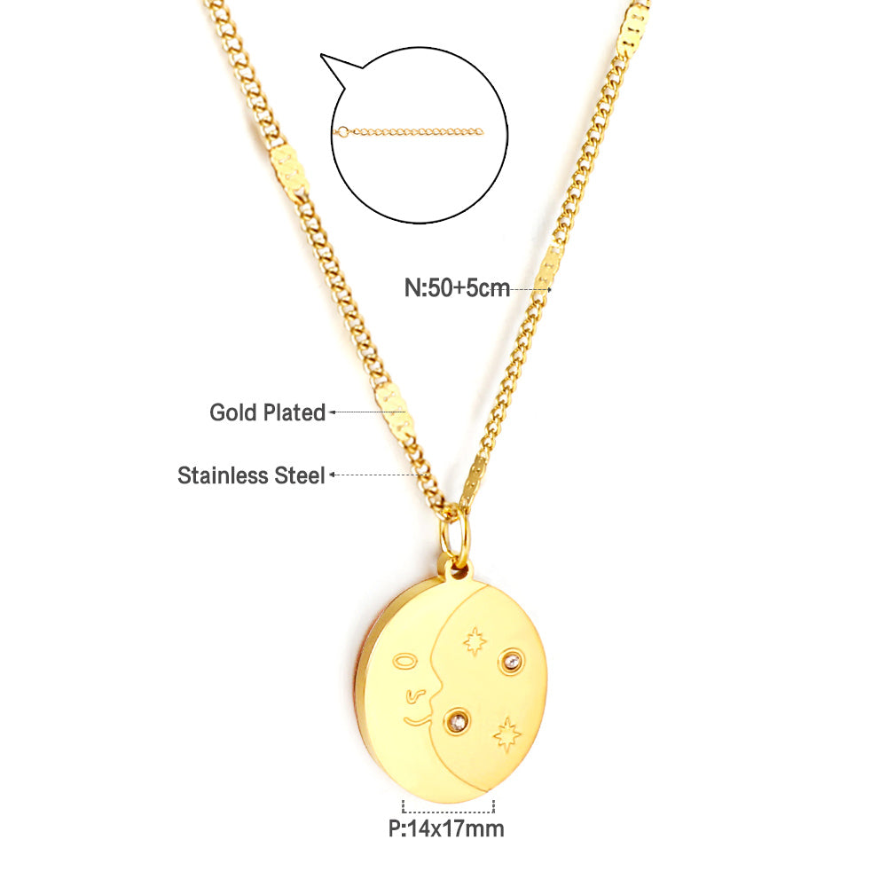 Girls Kids Jewelry Stainless Steel Oval With Moon and Star Pattern+Diamond Accessories Necklace