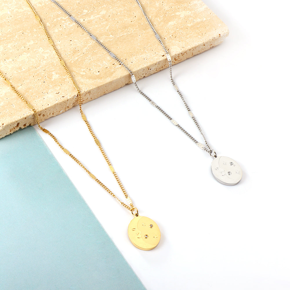 Girls Kids Jewelry Stainless Steel Oval With Moon and Star Pattern+Diamond Accessories Necklace