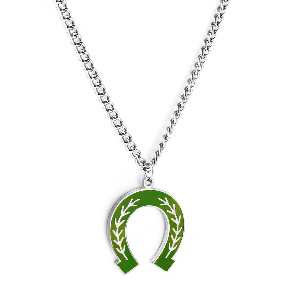 Teen Jewelry Stainless Steel Green Drop Oil Open Oval Willow Leaf Pattern Accessory Necklace