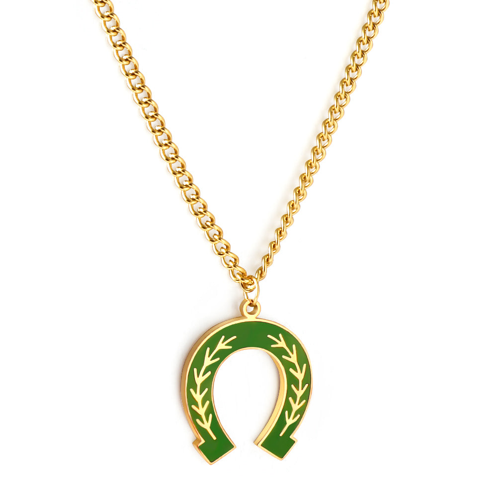 Teen Jewelry Stainless Steel Green Drop Oil Open Oval Willow Leaf Pattern Accessory Necklace