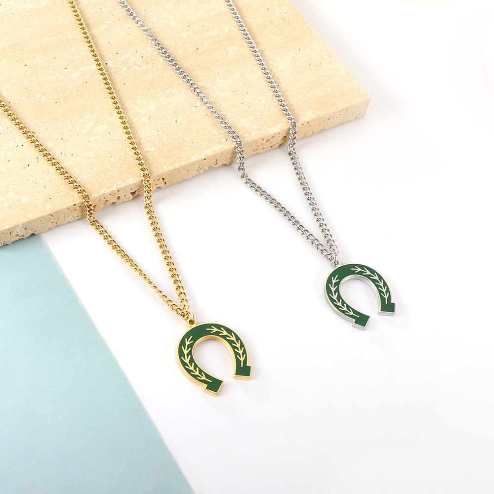 Teen Jewelry Stainless Steel Green Drop Oil Open Oval Willow Leaf Pattern Accessory Necklace