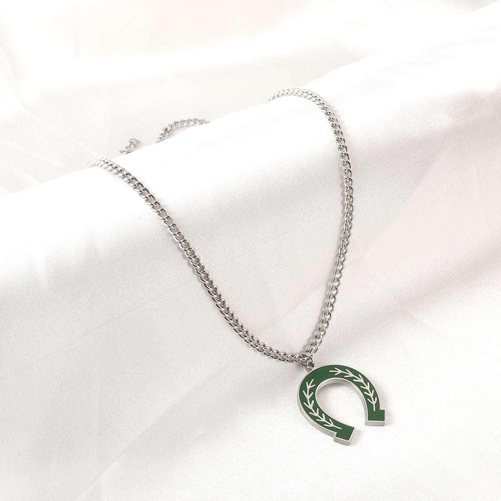 Teen Jewelry Stainless Steel Green Drop Oil Open Oval Willow Leaf Pattern Accessory Necklace