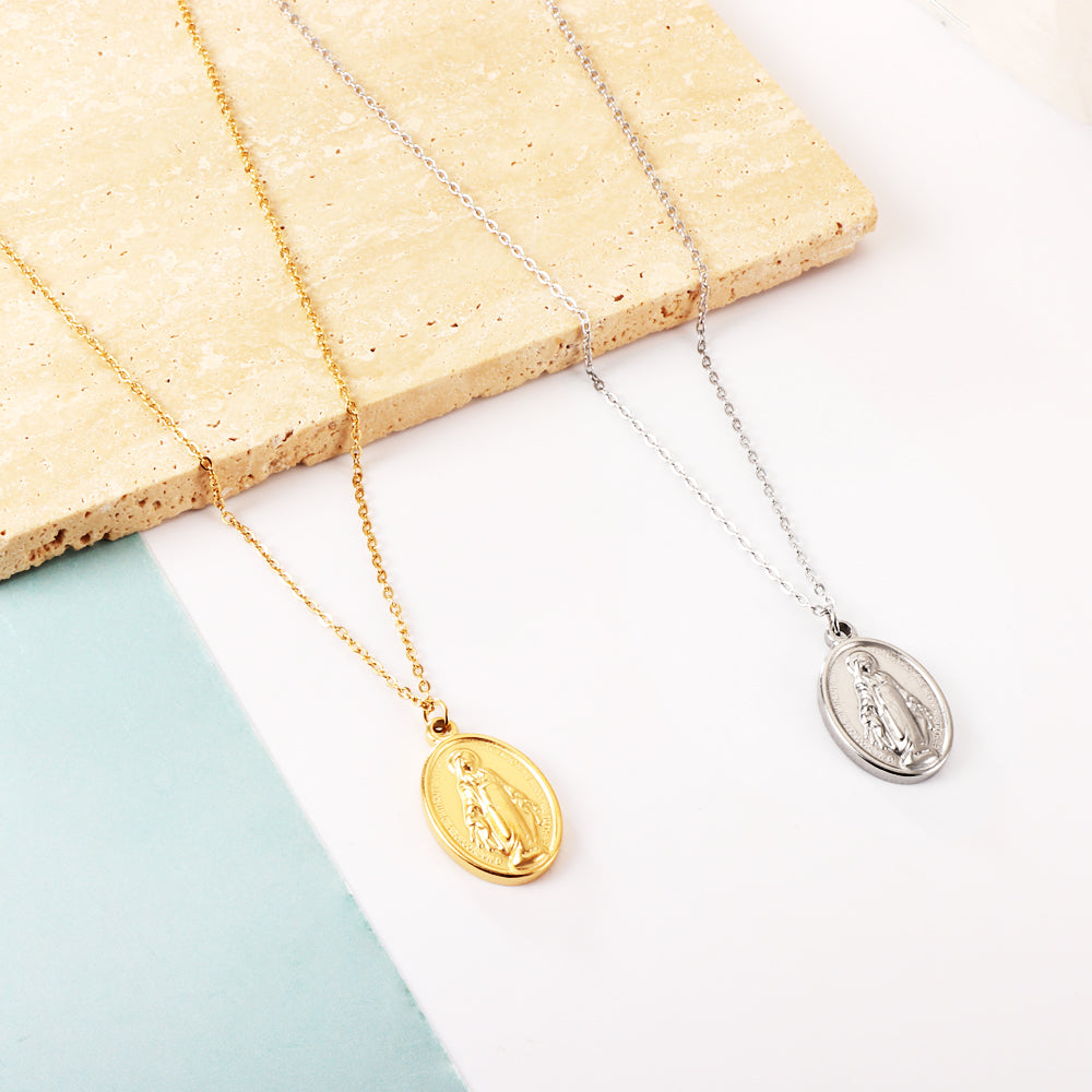 Stainless Steel Oval Accessories With Madonna Pattern Enamel Girls Jewelry Necklace