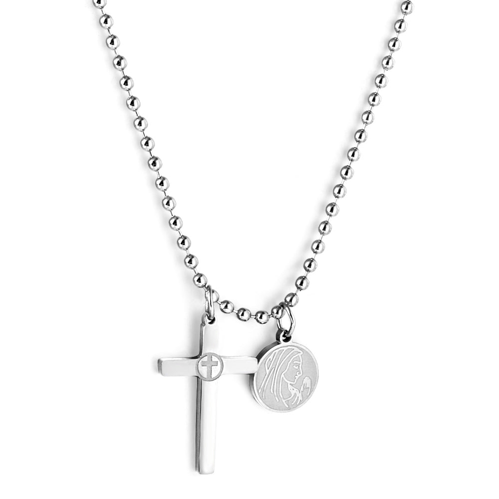 Girls Jewelry Stainless Steel Cross + Round Accessories With Beauty Pattern + Bead Chain Necklace