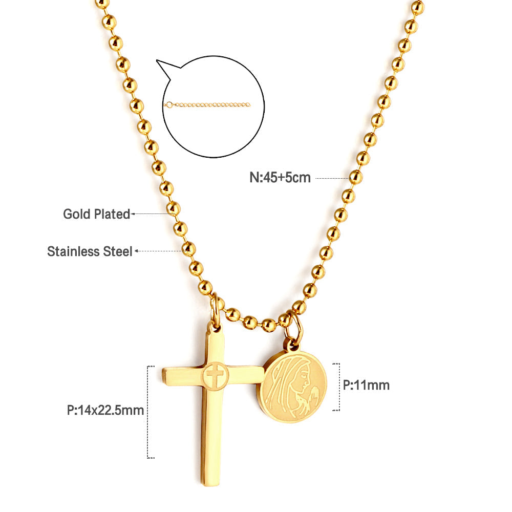 Girls Jewelry Stainless Steel Cross + Round Accessories With Beauty Pattern + Bead Chain Necklace