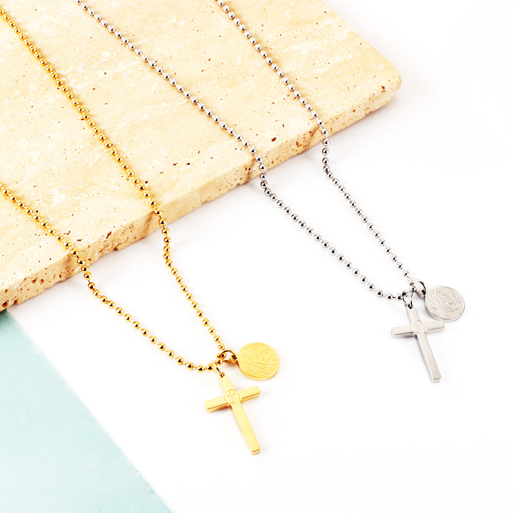 Girls Jewelry Stainless Steel Cross + Round Accessories With Beauty Pattern + Bead Chain Necklace