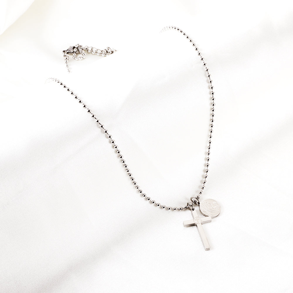 Girls Jewelry Stainless Steel Cross + Round Accessories With Beauty Pattern + Bead Chain Necklace