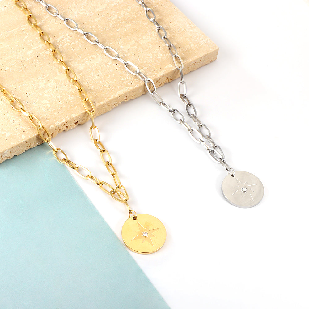 Girls Kids Jewelry Stainless Steel Round Accessories Lucky Star With Diamond Necklace