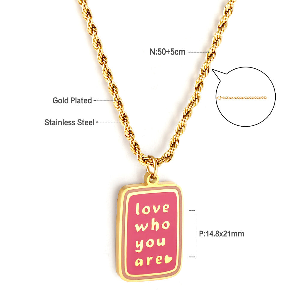 Stainless Girls Kids Jewelry Steel Dark Pink Rectangle with Letters Accessory Necklace