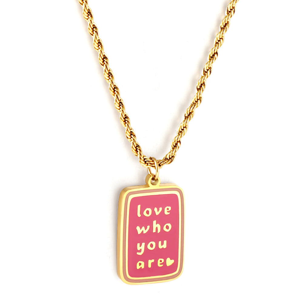 Stainless Girls Kids Jewelry Steel Dark Pink Rectangle with Letters Accessory Necklace