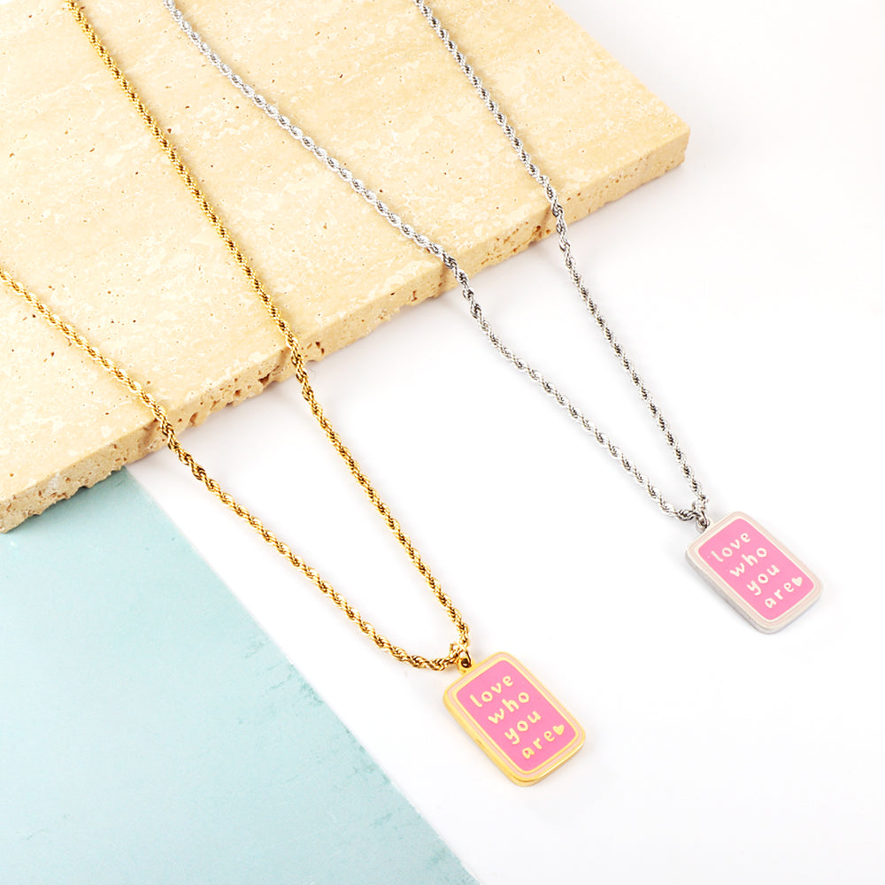 Stainless Girls Kids Jewelry Steel Dark Pink Rectangle with Letters Accessory Necklace