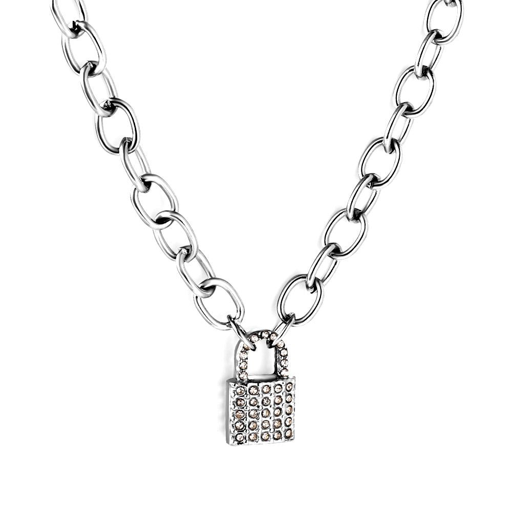 Hypoallergenic girls jewelry Stainless Steel Lock Accessory With Diamond Necklace