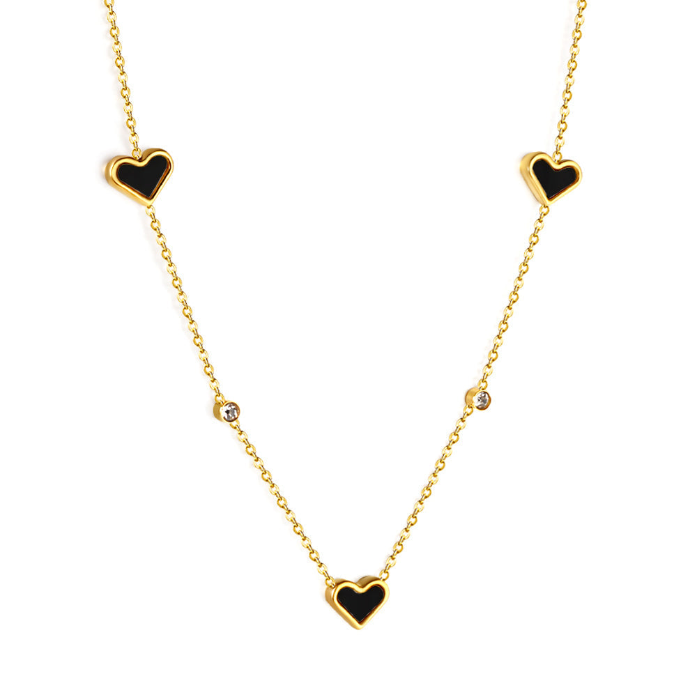 3 Heart Shaped White & Red & Pink & Green & Black Shells + 2 White Diamonds Pendant Necklace 41+5cm