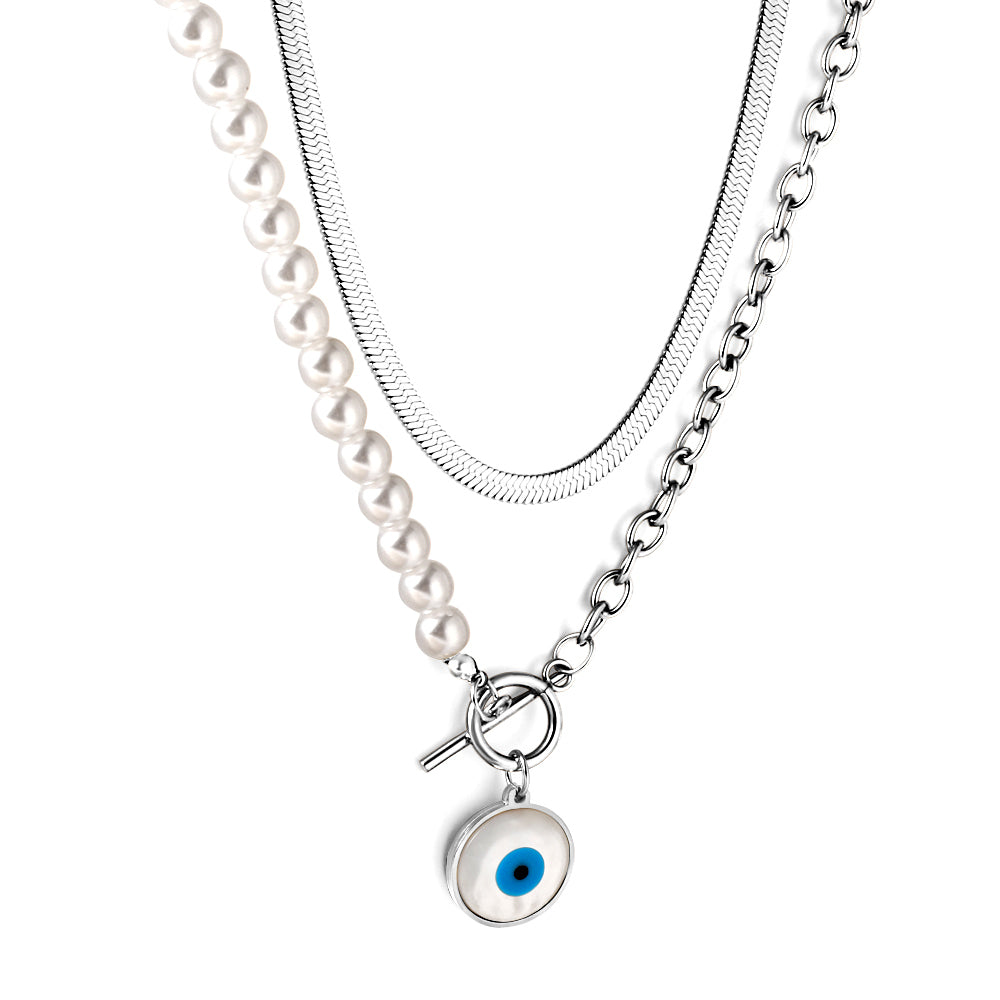 Enamel Girls Kids Jewelry Stainless Steel Blue Eyes Round Accessories Half White Pearl Double Chain Necklace