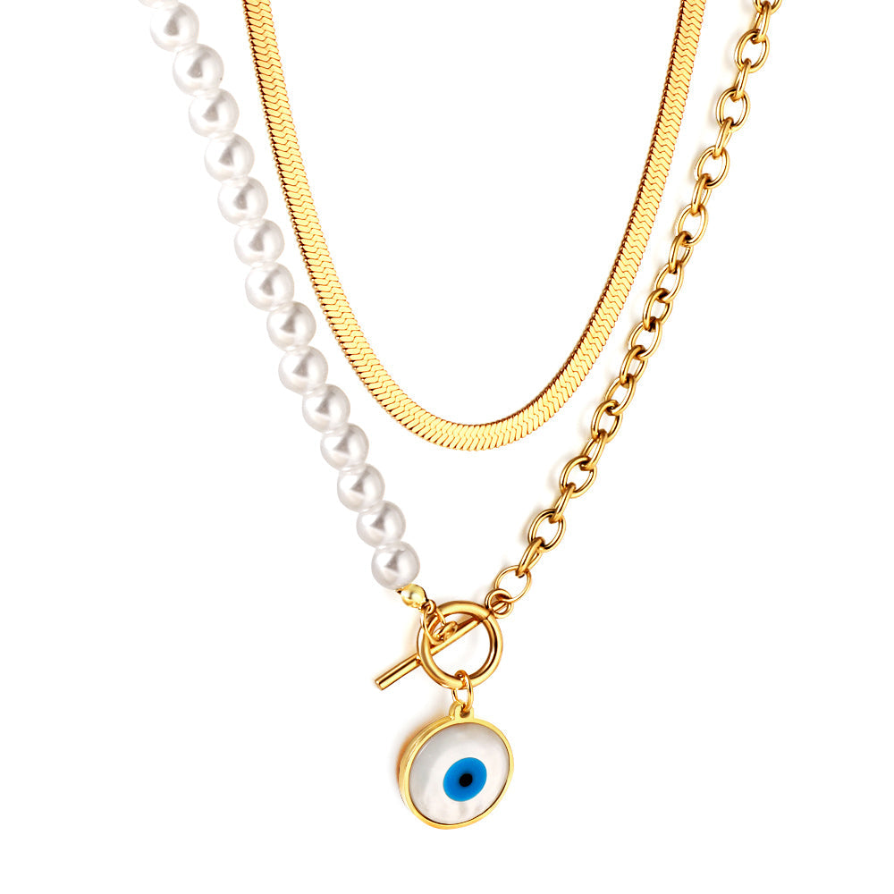 Enamel Girls Kids Jewelry Stainless Steel Blue Eyes Round Accessories Half White Pearl Double Chain Necklace
