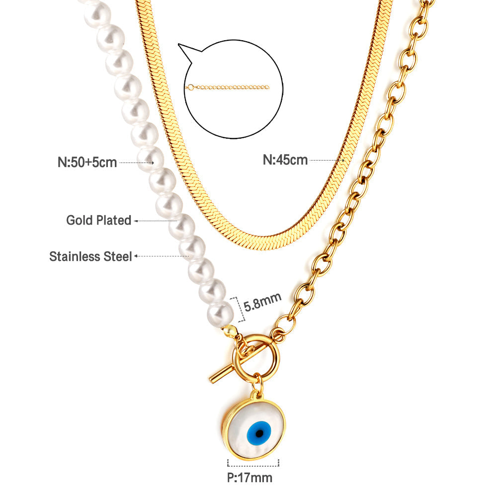Enamel Girls Kids Jewelry Stainless Steel Blue Eyes Round Accessories Half White Pearl Double Chain Necklace