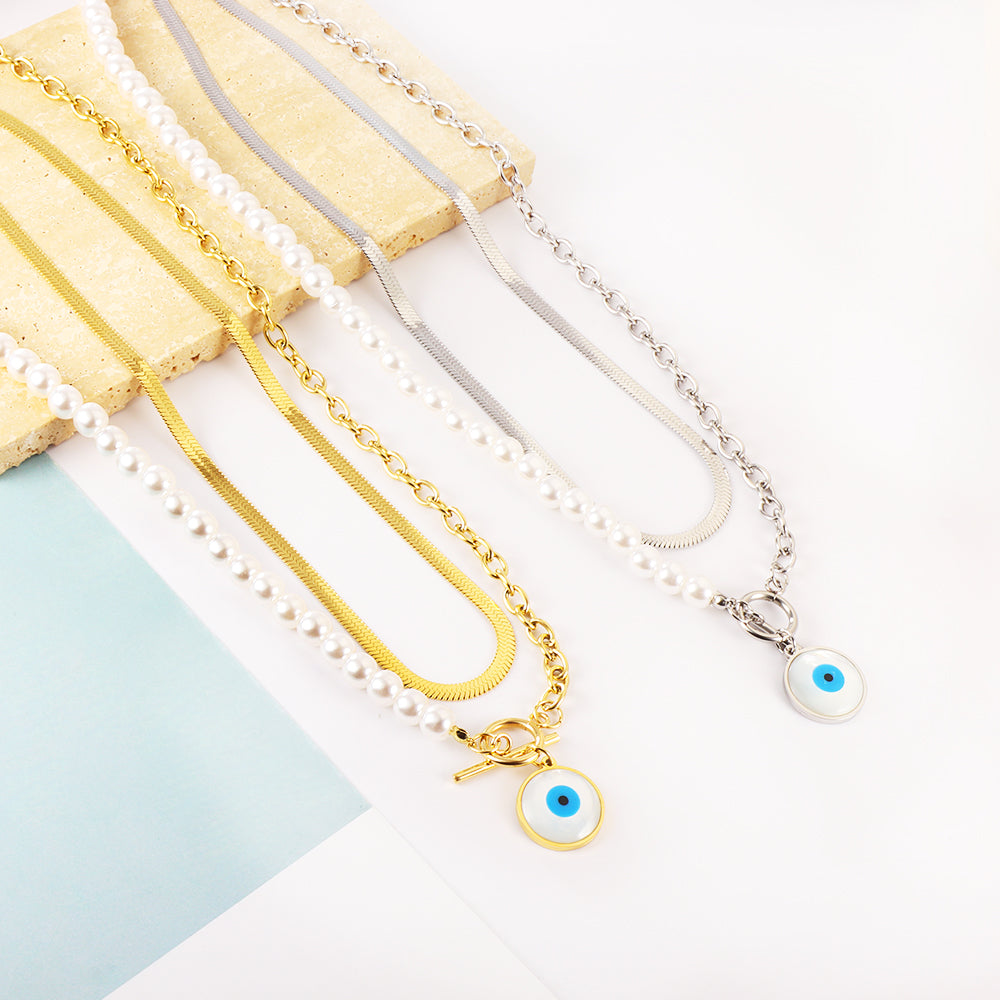 Enamel Girls Kids Jewelry Stainless Steel Blue Eyes Round Accessories Half White Pearl Double Chain Necklace