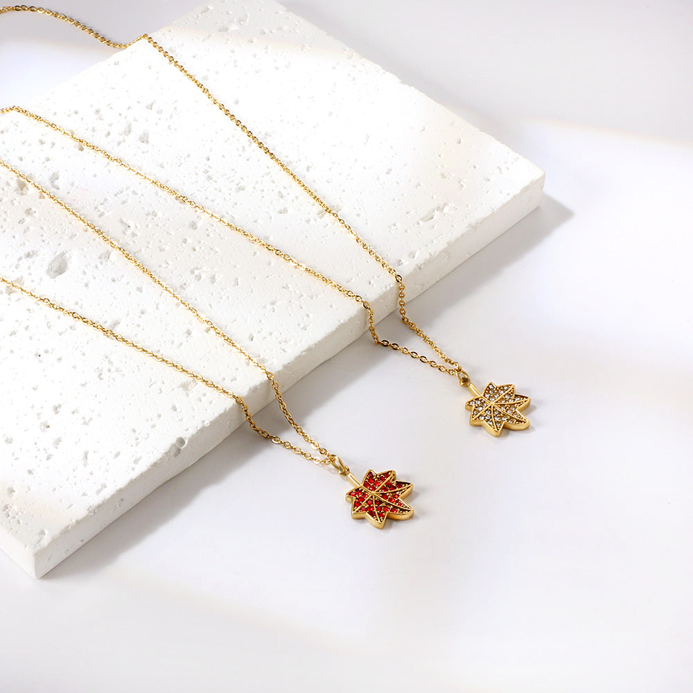 Red Diamond Maple Leaf Pendant Necklace 40+5cm