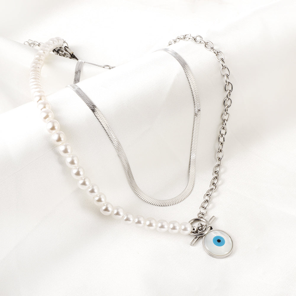 Enamel Girls Kids Jewelry Stainless Steel Blue Eyes Round Accessories Half White Pearl Double Chain Necklace