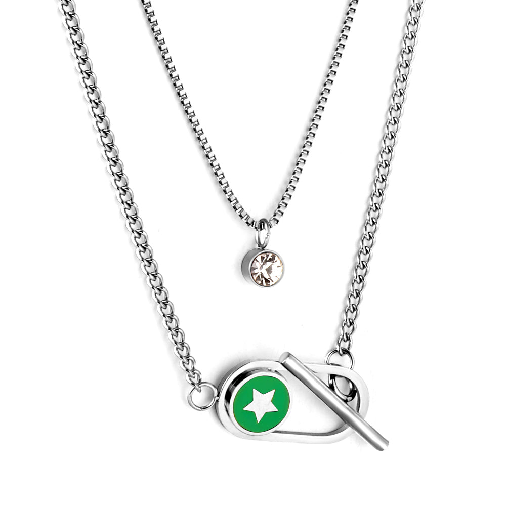 Enamel Girls Kids Jewelry Stainless Steel Oval Hollow Round Green Drip Oil With Star + Chain With Diamond Double Chain Necklace