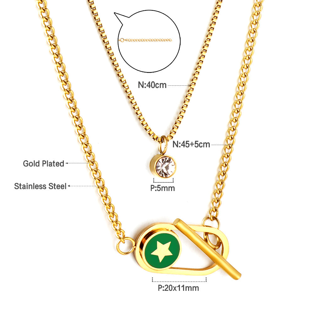 Enamel Girls Kids Jewelry Stainless Steel Oval Hollow Round Green Drip Oil With Star + Chain With Diamond Double Chain Necklace