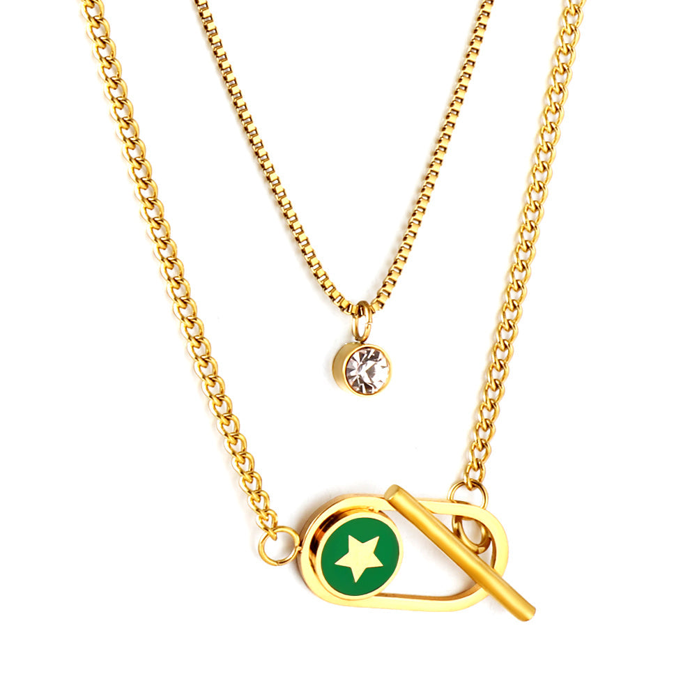 Enamel Girls Kids Jewelry Stainless Steel Oval Hollow Round Green Drip Oil With Star + Chain With Diamond Double Chain Necklace