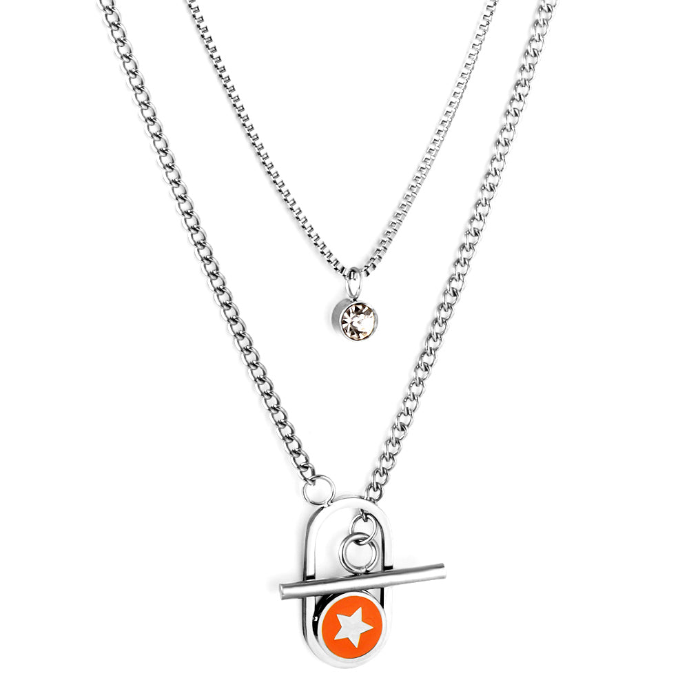 Enamel Girls Kids Jewelry Stainless Steel Oval Hollow Round Orange Drip Oil With Star + Chain With Diamond Double Chain Necklace