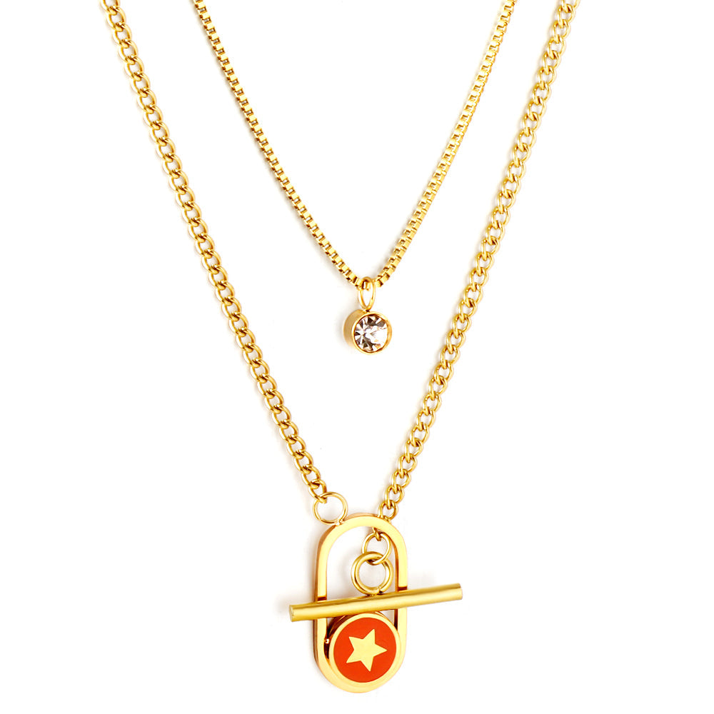 Enamel Girls Kids Jewelry Stainless Steel Oval Hollow Round Orange Drip Oil With Star + Chain With Diamond Double Chain Necklace