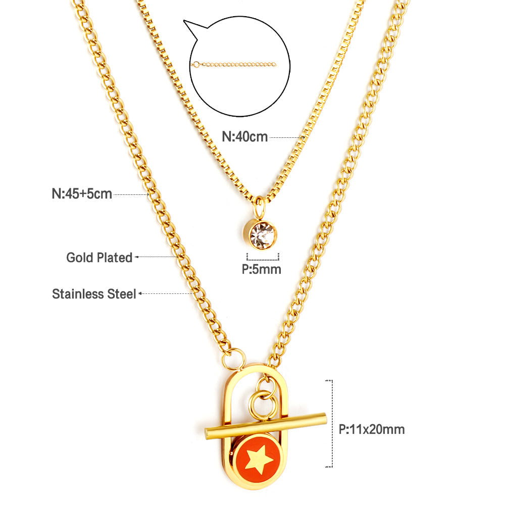 Enamel Girls Kids Jewelry Stainless Steel Oval Hollow Round Orange Drip Oil With Star + Chain With Diamond Double Chain Necklace