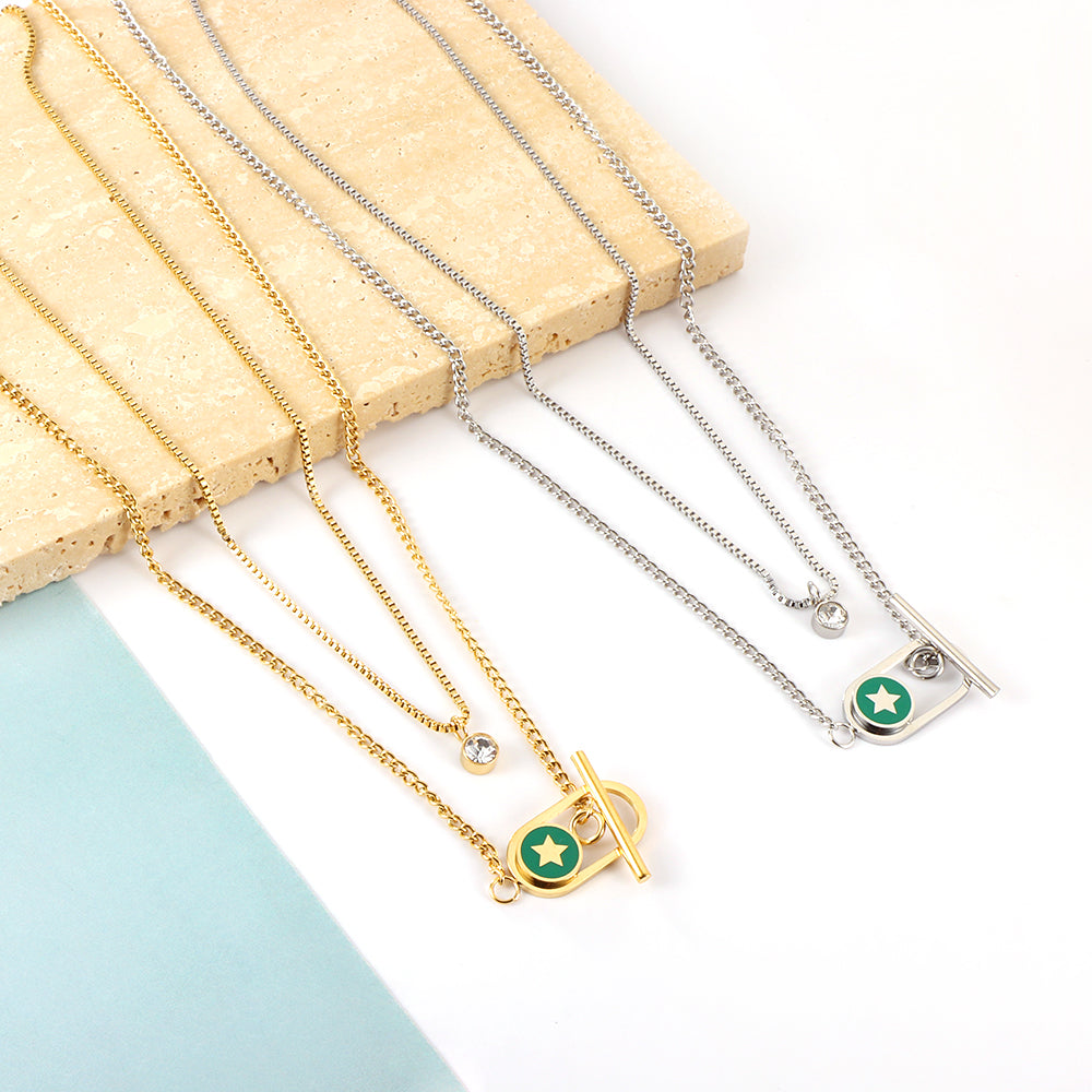 Enamel Girls Kids Jewelry Stainless Steel Oval Hollow Round Green Drip Oil With Star + Chain With Diamond Double Chain Necklace