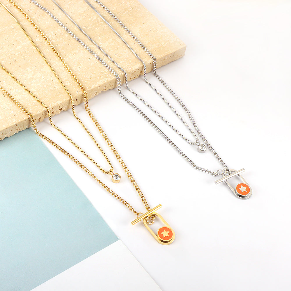 Enamel Girls Kids Jewelry Stainless Steel Oval Hollow Round Orange Drip Oil With Star + Chain With Diamond Double Chain Necklace
