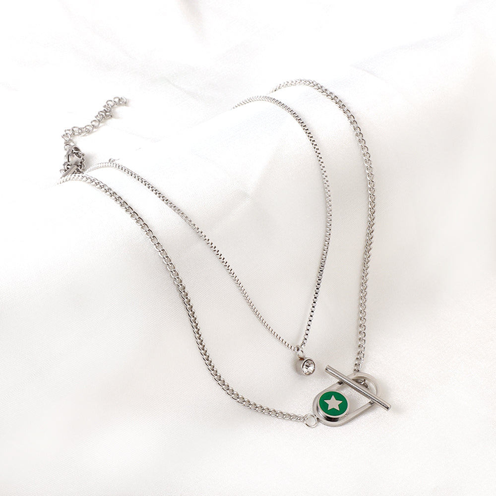 Enamel Girls Kids Jewelry Stainless Steel Oval Hollow Round Green Drip Oil With Star + Chain With Diamond Double Chain Necklace